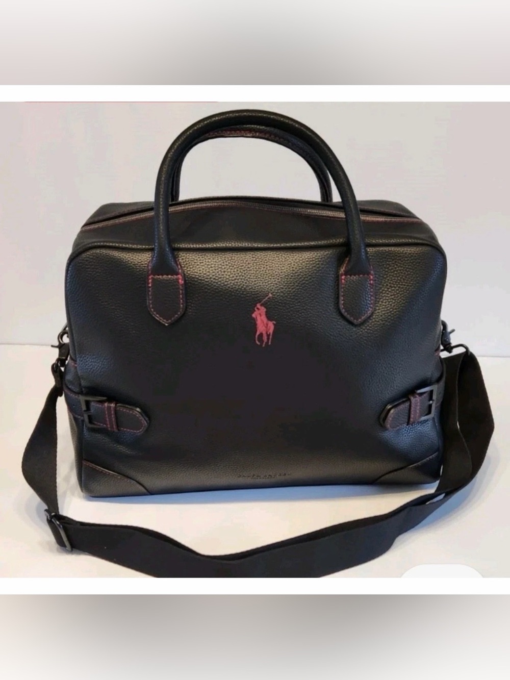 Polo by Ralph Lauren Black Leather Briefcase with Pink Logo